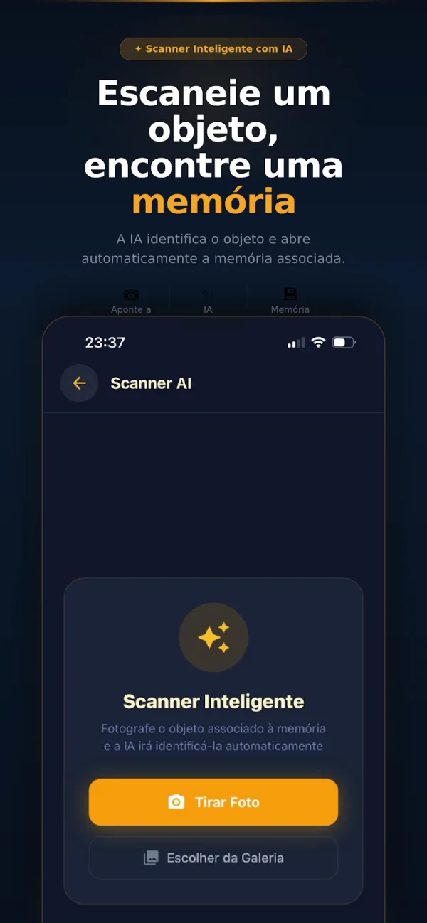 Tela do Scanner de IA do Remnis reconhecendo um objeto e abrindo a memória vinculada